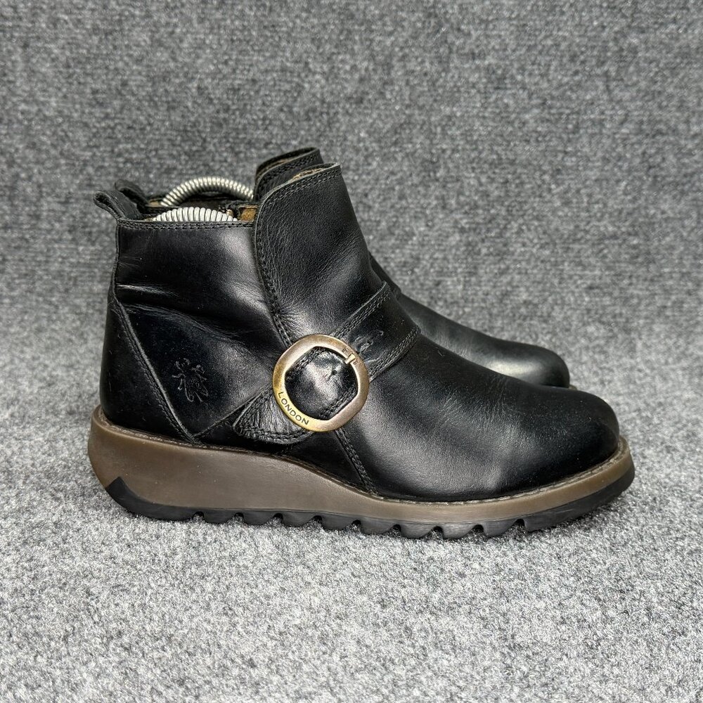 Fly London SIAS Ankle Boots Women's Size 6 Black Leather‎ Wedge Buckle Moto Boot
